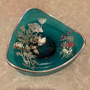 Gorgeous Vintage Turquoise Glass Dish with Silver Plate Flowers